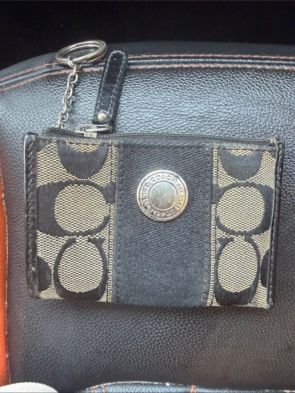 Coach Black and Tan Signature Card Case Key Fob